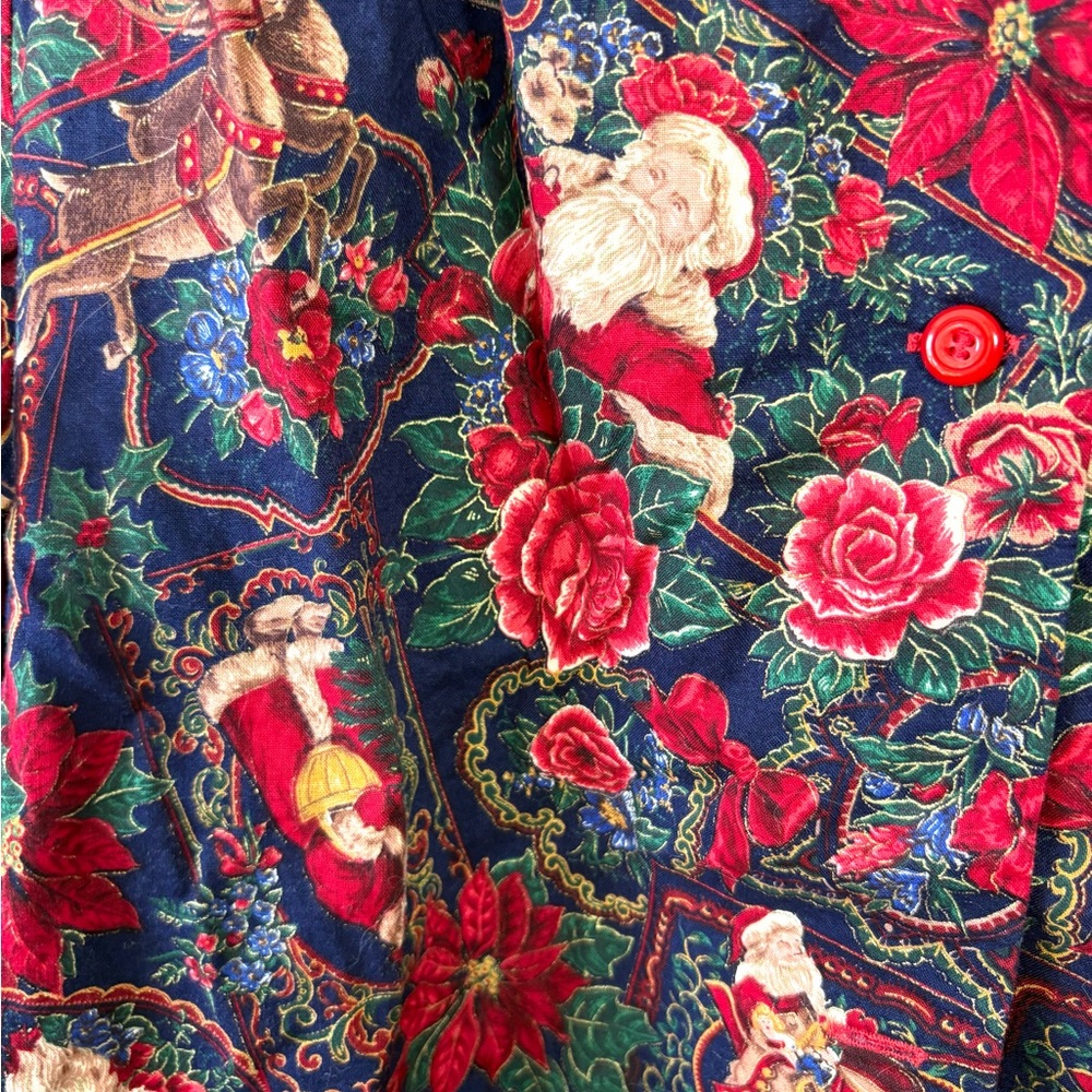 Vintage Christmas Santa Floral Button Down Blouse M - Picture 2 of 5
